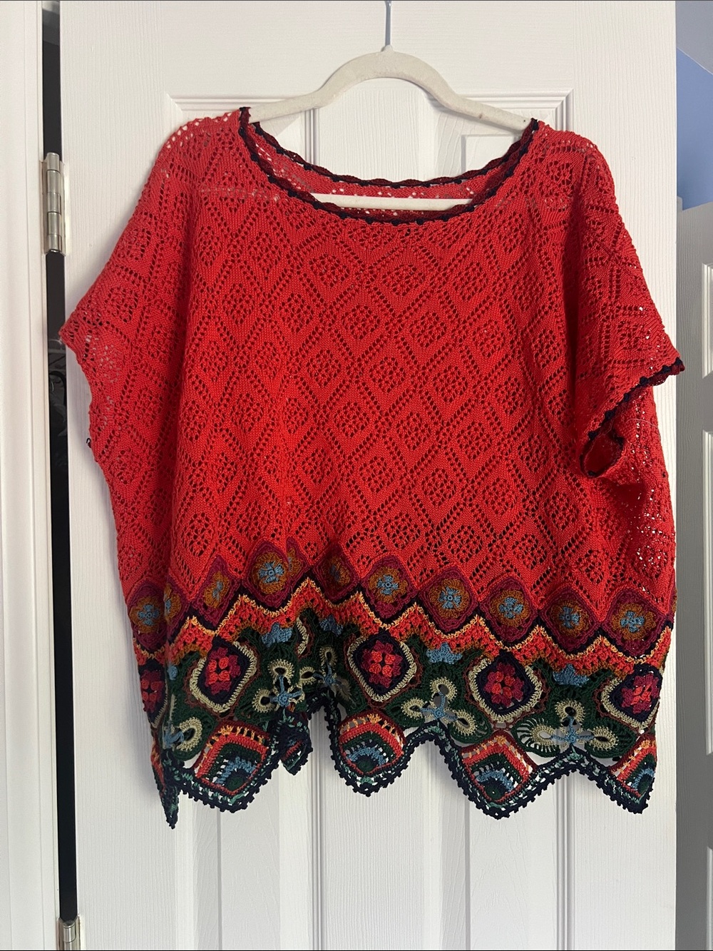 Peruvian connection Orange Crochet Boho Top with Multicolor Embroidered Hem